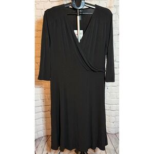 George Stretch Black Faux Wrap Dress Womens XL 16/18 V-Neck 3/4 Sleeve NWT